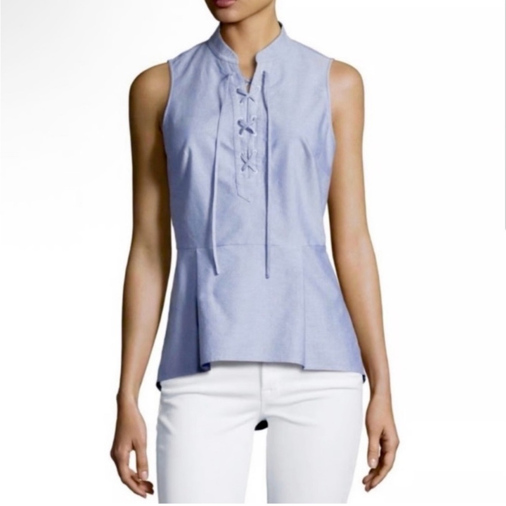 Veronica Beard Blue Lace Up Chambray Oxford Shirting Peplum Summer Top Tank Sz 8